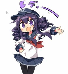 Rule 34 | 10s, 1girl, akatsuki (kancolle), alternate hairstyle, anchor symbol, blush, drill hair, flat cap, hair between eyes, hand on own hip, hat, kanikama, kantai collection, long hair, long sleeves, looking at viewer, open \m/, open hand, open mouth, outstretched arm, pantyhose, pleated skirt, purple eyes, purple hair, school uniform, serafuku, simple background, skirt, smile, solo, white background