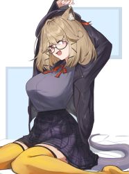Rule 34 | 1girl, :d, animal ear fluff, arknights, arms up, black-framed eyewear, black jacket, black skirt, blush, breasts, brown hair, fang, glasses, grey shirt, high-waist skirt, highres, jacket, large breasts, long sleeves, looking at viewer, mabing, neck ribbon, official alternate costume, open clothes, open jacket, open mouth, plaid, plaid skirt, purple eyes, red ribbon, ribbon, semi-rimless eyewear, shirt, short hair, sitting, skin fang, skirt, smile, solo, thighhighs, under-rim eyewear, utage (arknights), utage (disguise) (arknights), wariza, yellow thighhighs, zettai ryouiki