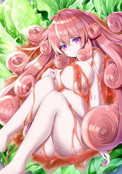 Rule 34 | 1girl, absurdres, breasts, closed mouth, hair between eyes, hand on own chest, hand up, highres, large breasts, legs up, liquid, long hair, looking at viewer, lying, multicolored hair, nude, on back, original, purple eyes, red hair, salad, solo, syrup, takemura kou, thighs, very long hair, white hair