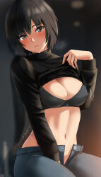 Rule 34 | 1girl, absurdres, amagami, black bra, black hair, black sweater, bra, breasts, brown eyes, cleavage, clothes lift, cowboy shot, denim, grey pants, highres, jeans, lifting own clothes, medium breasts, nanasaki ai, navel, open fly, pants, short hair, signature, sitting, solo, sweater, sweater lift, twitter username, underwear, yoo tenchi