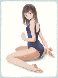 Rule 34 | 1girl, ass, bad id, bad pixiv id, barefoot, blue eyes, blue one-piece swimsuit, blush, brown hair, closed mouth, full body, hand up, kashiwagi chisame, looking at viewer, looking back, one-piece swimsuit, original, school swimsuit, sitting, solo, swimsuit, thighs, wariza, wet