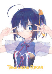 Rule 34 | 1girl, :o, absurdres, ahoge, blue eyes, blue hair, blue shirt, bow, breasts, character name, chuunibyou demo koi ga shitai!, commentary request, cropped torso, double v, eyepatch, fingernails, hair bow, hands up, highres, looking at viewer, medical eyepatch, medium breasts, neck ribbon, one side up, parted lips, puffy short sleeves, puffy sleeves, red ribbon, ribbon, see-through, see-through sleeves, shirt, short sleeves, simple background, solo, takanashi rikka, upper body, v, white background, yellow bow, zuho (vega)