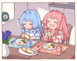 Rule 34 | 2girls, blue hair, blush, clock, closed eyes, cup, flower, food, fork, fried egg, holding, holding food, hood, hood down, hooded jacket, indoors, jacket, kotonoha akane, kotonoha aoi, long hair, long sleeves, milk, multiple girls, open mouth, parted lips, pink hair, purple flower, siblings, sisters, sitting, smile, solo, squeans, striped clothes, striped jacket, twins, voiceroid, yamamomo (plank)