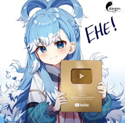 Rule 34 | 1girl, blue eyes, blue hair, blush, braid, character name, drawstring, earclip, earrings, english text, grin, head tilt, highres, holding, hololive, hololive indonesia, jewelry, kobo kanaeru, long hair, long sleeves, looking at viewer, multicolored hair, shiroi ou, smile, solo, two-tone hair, upper body, v-shaped eyebrows, virtual youtuber, white background, white hair, youtube creator award