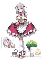 Rule 34 | 2girls, absurdres, armor, ascot, blood, boots, braid, breasts, cat, chibi, closed eyes, closed mouth, dress, flower, full body, genshin impact, gloves, green eyes, grey hair, hair flower, hair ornament, heart, high heel boots, high heels, highres, looking at viewer, lumine (genshin impact), maid headdress, medium breasts, multiple girls, noelle (genshin impact), nosebleed, plant, red ascot, red flower, shoulder armor, simple background, skirt hold, standing, white background, white dress, white gloves, yajuu