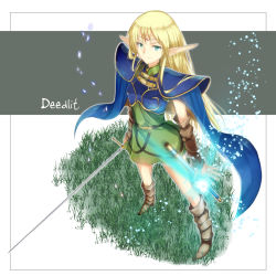 Rule 34 | 1girl, aqua eyes, arm warmers, blonde hair, boots, cape, character name, deedlit, elf, highres, light particles, long hair, masamuuu, pointy ears, record of lodoss war, scabbard, sheath, solo, standing, sword, very long hair, weapon