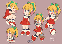 Rule 34 | arm behind back, arms behind back, blonde hair, blue eyes, blunt bangs, blush, bow, broom, capcom, character name, chibi, child, dress, full body, green bow, hair bow, hair ornament, hand on own cheek, hand on own face, high ponytail, holding, holding broom, long hair, looking to the side, mega man (classic), mega man (series), mega man 11, miyata (lhr), mouse (animal), multiple persona, open mouth, panties, ponytail, red dress, red footwear, roll (mega man), running, scared, sidelocks, simple background, sleeping, smile, standing, underwear