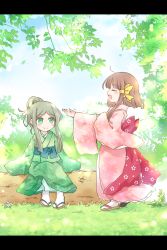 Rule 34 | 2girls, brown hair, commentary request, day, closed eyes, floral print, grass, green eyes, green hair, green kimono, hair bun, hair ribbon, hand on own chest, highres, japanese clothes, kimono, letterboxed, log, looking at another, multiple girls, nature, nishida satono, open mouth, outdoors, outstretched arm, pink kimono, plant, pote (ptkan), print kimono, ribbon, short hair with long locks, single hair bun, sitting, smile, teireida mai, touhou, wide sleeves, yellow ribbon
