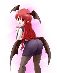 Rule 34 | 1girl, :d, ass, bat wings, black pantyhose, blush, dress shirt, head wings, koakuma, kousei (public planet), long hair, long sleeves, looking at viewer, looking back, miniskirt, necktie, open mouth, pantyhose, pencil skirt, pointy ears, red hair, red necktie, shirt, skirt, smile, solo, touhou, very long hair, vest, white shirt, wings