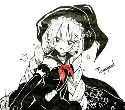 Rule 34 | 10s, 1girl, character name, gloves, hat, mahou shoujo ikusei keikaku, mahou shoujo ikusei keikaku unmarked, monochrome, sakimaru (mahoiku), solo, spot color, star (symbol), top speed, traditional media, witch hat