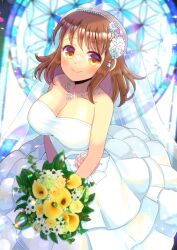 Rule 34 | 1girl, blurry, blurry background, blush, bouquet, breasts, bridal veil, brown eyes, brown hair, cleavage, closed mouth, commentary request, commission, copyright request, depth of field, dress, flower, green flower, holding, holding bouquet, kou hiyoyo, large breasts, long hair, looking at viewer, pink flower, skeb commission, smile, solo, strapless, strapless dress, veil, wedding dress, white dress, white flower, yellow flower