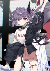 Rule 34 | 1girl, arm up, belt, black jacket, braid, chibirisu, choker, chromatic aberration, english text, foot out of frame, hair ornament, highres, jacket, jacket partially removed, long sleeves, nail polish, one side up, pink skirt, purple hair, red eyes, red nails, shirt, shoes, short hair, signature, skirt, solo, tenjin kotone, tenjin kotone (channel), virtual youtuber, white shirt