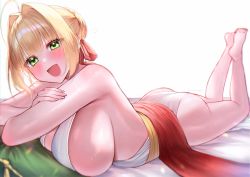 Rule 34 | 1girl, ahoge, ass, barefoot, blonde hair, blush, breasts, commentary request, eyelashes, fate/extra, fate/grand order, fate (series), green eyes, hair between eyes, hair intakes, hair ribbon, highres, huge breasts, large breasts, looking at viewer, nero claudius (fate), nero claudius (fate) (all), nero claudius (fate/extra), nero claudius (formal dress) (fate), official alternate costume, open mouth, ribbon, short hair, sideboob, thighs, white background, yayoi maka