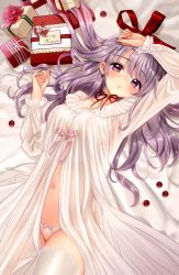 Rule 34 | 1girl, bad id, bad pixiv id, bed sheet, bow, bow panties, box, breasts, commentary request, covered erect nipples, cowboy shot, earrings, english text, frills, from above, gift, gift box, hair bow, hand on forehead, heart, heart earrings, highres, jewelry, light purple hair, lingerie, long hair, long sleeves, looking at viewer, lying, medium breasts, merry christmas, navel, no bra, on back, on bed, original, pajamas, panties, pink lips, purple eyes, red bow, ribbon, sleepwear, smile, solo, tareme, thighhighs, thighs, tsukigami runa, underwear, white panties, white thighhighs