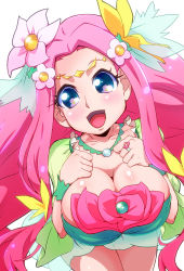 Rule 34 | 1girl, :d, blue eyes, blush, breasts, cleavage, cure felice, flower, ha-chan (mahou girls precure!), hair flower, hair ornament, hanami kotoha, highres, jewelry, large breasts, long hair, looking at viewer, magical girl, mahou girls precure!, open mouth, pink hair, precure, ring, ryuuta (cure ryuuta), shiny skin, smile, solo, spoilers, upper body, white background