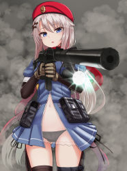 Rule 34 | 1girl, 9a-91, 9a-91 (girls&#039; frontline), arm warmers, beret, black panties, blue dress, blue eyes, brown gloves, center opening, cowboy shot, dress, flashlight, girls&#039; frontline, gloves, gluteal fold, gun, hair ornament, hat, highres, holding, holding gun, holding weapon, long hair, looking at viewer, navel, panties, parted lips, pouch, red hat, scarf, see-through, short sleeves, side-tie panties, silver hair, smoke, solo, star (symbol), star hair ornament, stomach, suppressor, tactical light, thighhighs, thighs, underwear, very long hair, weapon, yakob labo