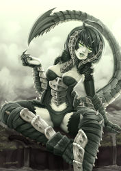 Rule 34 | 1girl, ahoge, barbariank, black dragon (d&amp;d), black hair, breasts, colored skin, dragon girl, dragon horns, dragon tail, dungeons &amp; dragons, elbow gloves, fangs, fur trim, gauntlets, gloves, green eyes, green skin, highres, horns, medium breasts, monster girl, pale skin, revision, scales, short hair, sitting, solo, tail
