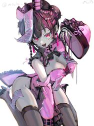 Rule 34 | 1girl, absurdres, black thighhighs, breasts, cleavage, hair bun, highres, medium breasts, mochi upamo, original, pink eyes, sitting, solo, thighhighs, wariza, white background, zombie girl