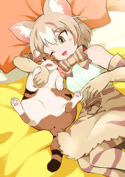 Rule 34 | 1girl, ;3, animal, animal ear fluff, animal ears, animal print, arm up, armpit crease, armpit peek, bare shoulders, bed, belt, blonde hair, blush stickers, bow, bowtie, brown belt, brown bow, cat, cat (kemono friends), cat day, cat ears, cat girl, creature and personification, elbow gloves, extra ears, eyes visible through hair, feet out of frame, gloves, hair between eyes, hand up, high-waist skirt, indoors, iy17uumxac1lrxd, kemono friends, looking at animal, looking to the side, lying, multicolored hair, on bed, on side, one eye closed, open mouth, pantyhose, pillow, print bow, print bowtie, print gloves, print legwear, print pantyhose, print skirt, shirt, shirt tucked in, short hair, skirt, sleeveless, sleeveless shirt, striped bow, striped bowtie, striped clothes, striped legwear, two-tone hair, white shirt, yellow eyes