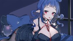 Rule 34 | 1girl, black choker, black dress, black gloves, blue butterfly, blue hair, breasts, bug, butterfly, choker, collarbone, curly hair, dizzy dokuro, dress, frilled choker, frilled dress, frills, gloves, highres, insect, large breasts, medium hair, oimo 0imo, on bed, pantyhose, partially fingerless gloves, phase connect, pillow, pointy ears, red eyes, second-party source, shadow, shibari, sky, star (sky), starry sky, virtual youtuber, window
