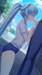 Rule 34 | 1girl, applique (company), asami asami, azurite, blue hair, blush, censored, closed eyes, game cg, gym uniform, highres, long hair, penis, ponytail, re:birth colony