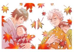 Rule 34 | 4boys, agatsuma zenitsu, aged up, autumn, autumn leaves, baby, baby carry, black hair, border, bowl cut, brown hair, carrying, checkered clothes, closed eyes, closed mouth, commentary request, drooling, falling leaves, grey hair, happy, highres, if they mated, japanese clothes, kamado tanjirou, kimetsu no yaiba, kimono, komedawara0130, leaf, long sleeves, male focus, maple leaf, motion blur, multiple boys, profile, scar, scar on face, scar on forehead, scar on nose, shinazugawa sanemi, short hair, simple background, sleeping, tomioka giyuu, triangle print, uncle and nephew, white background