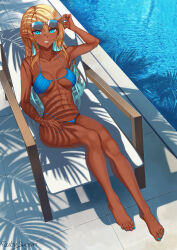 1girl abs aqua-tinted_eyewear aqua_bikini aqua_eyes aqua_nails bare_legs barefoot bikini blonde_hair blue-tinted_eyewear borrowed_character colored_inner_hair commission dark-skinned_female dark_elf dark_skin elf feet full_body hadairu_koseiri_(dsv) highres long_hair multicolored_hair muscular muscular_female navel original outdoors pine_tree pointy_ears poolside ruby_suguri sitting sunglasses swimsuit tinted_eyewear toenails tree