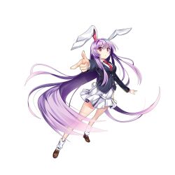 Rule 34 | 1girl, animal ears, blazer, brown footwear, closed mouth, collared shirt, full body, game cg, highres, jacket, long hair, long sleeves, looking at viewer, necktie, pink eyes, pointing, pointing at viewer, purple hair, rabbit ears, rabbit girl, rabbit tail, red necktie, reisen udongein inaba, rotte (1109), shirt, simple background, skirt, socks, solo, tail, third-party source, touhou, touhou lostword, very long hair, white background, white shirt, white skirt, white socks