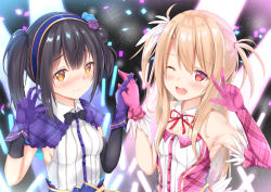 Rule 34 | 2girls, 3:, ;d, armpits, asymmetrical gloves, asymmetrical hair, bad id, bad pixiv id, bare shoulders, black gloves, black hair, black neckwear, blonde hair, blue hairband, blush, bow, bowtie, breasts, cleavage, commentary request, confetti, detached collar, elbow gloves, embarrassed, fate/kaleid liner prisma illya, fate (series), feather-trimmed gloves, feather hair ornament, feathers, flower, gloves, glowing, hair between eyes, hair bun, hair flower, hair ornament, hairband, holding hands, idol, illyasviel von einzbern, interlocked fingers, kokuto (kurousagi1210), long hair, looking at viewer, mismatched gloves, miyu edelfelt, multiple girls, nose blush, one eye closed, open mouth, pink gloves, purple gloves, red eyes, shirt, side bun, side ponytail, single side bun, sleeveless, small breasts, smile, striped clothes, striped shirt, teeth, two side up, upper body, upper teeth only, vertical-striped clothes, vertical-striped shirt, w, white shirt, yellow eyes