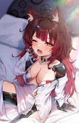 Rule 34 | 1girl, android, animal ear fluff, animal ears, arm support, bed, breasts, brown hair, bu leike, button gap, collar, collarbone, dress shirt, fang, gradient hair, hickey, highres, hololive, kemonomimi mode, long hair, looking at viewer, medium breasts, messy hair, multicolored hair, navel, on bed, one eye closed, open mouth, red hair, roboco-san, shirt, sitting, solo, virtual youtuber, white shirt, yawning, yellow eyes