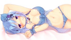Rule 34 | 1girl, arm up, babydoll, bare shoulders, black ribbon, blue babydoll, blue hair, blue panties, blush, bow, bow panties, breasts, character request, cleavage, collarbone, commentary request, cowboy shot, fingernails, flower, groin, hand up, highres, large breasts, looking at viewer, lying, navel, nose blush, on side, open beta (vtuber), panties, parted lips, purple eyes, purple flower, purple rose, ribbon, rose, see-through, smile, solo, underwear, virtual youtuber, white background, wrist cuffs, yuku (kiollion)