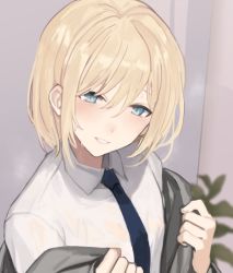 Rule 34 | 1boy, androgynous, bishounen, black jacket, black necktie, blonde-haired boy (sunaba (nczd5875)), blonde hair, blue eyes, blue necktie, blush, bob cut, collared shirt, formal, grey jacket, grin, hair between eyes, highres, jacket, jacket partially removed, light blush, long sleeves, looking at viewer, male focus, medium hair, necktie, off shoulder, open clothes, open jacket, open mouth, original, parted lips, plant, see-through, shirt, short hair, smile, solo, steam, suit, suit jacket, sunaba (nczd5875), sweat, trap, undressing, upper body, wet, wet clothes, wet shirt, white shirt, wing collar
