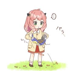 Rule 34 | ..., 1girl, :o, absurdres, anya (spy x family), bag, blush, brown footwear, child, day, dress, dropping, failure, fake horns, food, full body, grass, green eyes, hair ornament, hakuuyori, highres, holding, holding bag, holding food, horns, jacket, long hair, long sleeves, peanut, pink hair, red dress, shoes, socks, solo, spoken ellipsis, spy x family, standing, surprised, white background, yellow jacket