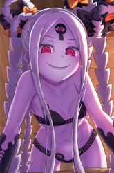 Rule 34 | 1girl, abigail williams (fate), abigail williams (swimsuit foreigner) (fate), abigail williams (swimsuit foreigner) (first ascension) (fate), all fours, bare shoulders, bikini, black bikini, black bow, bow, breasts, collarbone, colored skin, double bun, fate/grand order, fate (series), forehead, grin, hair bun, highres, keyhole, long hair, looking at viewer, multiple bows, navel, nenosame, orange bow, parted bangs, red eyes, ringed eyes, sharp teeth, sidelocks, small breasts, smile, swimsuit, teeth, thighs, third eye, very long hair, white hair, white skin