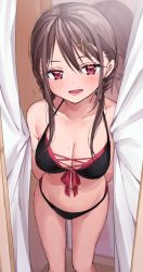 Rule 34 | 1girl, bikini, black bikini, blush, braid, breasts, brown hair, chigusa minori, cleavage, collarbone, commentary request, fitting room, front-tie top, hair between eyes, hair ornament, hairclip, heart, long hair, looking at viewer, medium breasts, mole, mole on breast, navel, open mouth, original, red eyes, smile, solo, swimsuit, x hair ornament