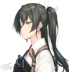 Rule 34 | 1girl, closed mouth, dated, from side, green eyes, grey hair, hair between eyes, hair tie, kantai collection, lips, long hair, looking at viewer, muneate, one eye closed, rokuwata tomoe, simple background, solo, twintails, twitter username, upper body, white background, zuikaku (kancolle)
