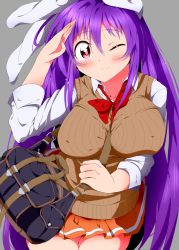 Rule 34 | 1girl, animal ears, between breasts, blush, breasts, rabbit ears, bwell, collarbone, cowboy shot, covered erect nipples, grey background, highres, large breasts, light purple hair, light smile, long hair, looking at viewer, miniskirt, pleated skirt, red eyes, reisen udongein inaba, school uniform, simple background, skirt, solo, touhou, very long hair