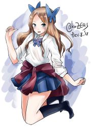 Rule 34 | 1girl, alternate costume, asakaze (kancolle), black socks, blue background, blue bow, blue skirt, bow, brown hair, clothes around waist, dated, dress shirt, forehead, full body, green eyes, hair bow, highres, jacket, jacket around waist, jumping, kantai collection, kazu (really in hot water now), kneehighs, long hair, long sleeves, looking at viewer, parted bangs, pleated skirt, school swimsuit, shirt, sidelocks, skirt, socks, solo, striped, striped bow, swimsuit, twitter username, wavy hair, white background