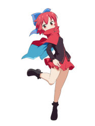 Rule 34 | 1girl, bare legs, black footwear, black shirt, blue bow, blush, boots, bow, breasts, cape, cato (monocatienus), commentary request, covered mouth, full body, hair bow, high collar, leg up, long sleeves, looking at viewer, miniskirt, pleated skirt, red cape, red eyes, red hair, red skirt, ribbon-trimmed bow, sekibanki, shirt, short hair, simple background, skirt, small breasts, solo, standing, standing on one leg, thighs, touhou, white background