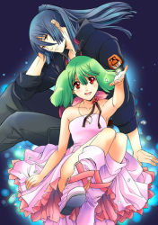 Rule 34 | 1boy, 1girl, bare shoulders, belt boots, blue hair, boots, dress, floating hair, green hair, hair between eyes, jewelry, kitou en, long hair, looking at viewer, macross, macross frontier, necklace, outstretched arm, pink dress, pink footwear, ponytail, ranka lee, red eyes, saotome alto, short hair, sleeveless, sleeveless dress, smile, strapless, strapless dress