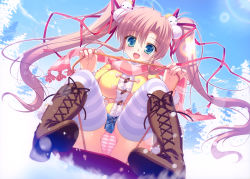 Rule 34 | 1girl, :d, absurdres, blue eyes, blush, boots, brown footwear, cameltoe, coat, cross-laced footwear, day, fur trim, hair ornament, hair ribbon, highres, lace-up boots, lens flare, looking at viewer, mikeou, open mouth, original, panties, pantyshot, pink hair, pink scarf, ribbon, scan, scarf, sitting, skirt, sky, sled, smile, snow, snowman, solo, striped clothes, striped panties, striped scarf, striped thighhighs, thighhighs, tree, twintails, underwear, upskirt