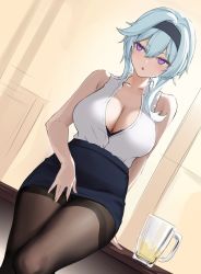 Rule 34 | 1girl, alternate costume, arm behind back, arm support, bare shoulders, black bra, black pantyhose, blue hair, bra, bra peek, breasts, collarbone, collared shirt, commentary, contemporary, cup, eula (genshin impact), genshin impact, hair between eyes, hairband, half-closed eyes, high-waist skirt, highres, large breasts, light blue hair, looking to the side, pantyhose, parted lips, pencil skirt, purple eyes, shirt, sitting, skirt, sleeveless, sleeveless shirt, solo, terebi (shimizu1996), thick thighs, thighband pantyhose, thighs, underwear, unfinished, v-shaped eyebrows, white shirt