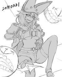 Rule 34 | 1girl, belt, belt bra, breasts, cape, cleavage, creature, dated, familiar, greyscale, grin, groin, guilty gear, guilty gear xrd, hat, kuro goma (kakkou11), large breasts, long hair, monochrome, navel, ramlethal valentine, short shorts, shorts, simple background, sitting, smile, solo, spot color, underboob, white background, whitesesame