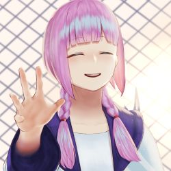 Rule 34 | 1girl, backlighting, chain-link fence, closed eyes, closed mouth, collarbone, commentary request, fence, fuurin sou, hand up, kaf (kamitsubaki studio), kamitsubaki studio, light particles, long hair, long sleeves, outdoors, pink hair, reaching, reaching towards viewer, shirt, smile, solo, twintails, upper body, virtual youtuber, white shirt