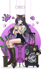 Rule 34 | 1girl, animal ears, black choker, black footwear, boots, bubble tea, cat ears, cat tail, choker, commentary, drinking straw, drinking straw in mouth, green eyes, heart, high-waist shorts, highres, korean commentary, lee byanong, paw print, plant, real life, rtgg, shorts, sitting, star (symbol), sticker, suitcase, tail, twitch.tv, v