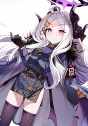 Rule 34 | 1girl, ahoge, black gloves, black horns, black thighhighs, blue archive, cape, closed mouth, commentary, fur-trimmed jacket, fur trim, gloves, halo, highres, hina (blue archive), horns, j young, jacket, jacket on shoulders, long hair, long sleeves, looking at viewer, low wings, military, military uniform, purple eyes, simple background, solo, standing, thighhighs, thighs, uniform, white background, white hair, wings