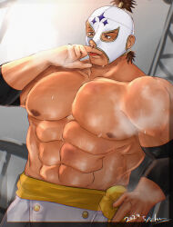 Rule 34 | 1boy, abs, absurdres, bara, blood, brown hair, cowboy shot, el fuerte, highres, huge pectorals, kata (o) ware, luchador mask, male focus, muscular, muscular male, navel, nipples, nosebleed, solo, steaming body, street fighter, strongman waist, thick eyebrows, tongue, tongue out, topless male
