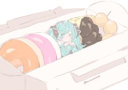 Rule 34 | 1girl, :i, absurdres, ahoge, aqua eyes, aqua hair, blank stare, box, chibi, closed mouth, commentary request, doughnut, food, food request, hair ornament, hatsune miku, highres, holding, holding own hair, light blush, long hair, looking at viewer, nunumo, pon de ring, shirt, simple background, sitting, solo, twintails, twitter username, vocaloid, white background, white shirt