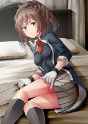 Rule 34 | 1girl, ascot, bed, bed sheet, blue eyes, blush, breasts, brown hair, buttons, closed mouth, flower, gloves, grey skirt, grey socks, highres, kamelie, kantai collection, kneehighs, long sleeves, medium hair, messy hair, military, military uniform, pillow, pleated skirt, ponytail, red ascot, red flower, red rose, rose, sheffield (kancolle), skirt, small breasts, socks, solo, uniform, white gloves