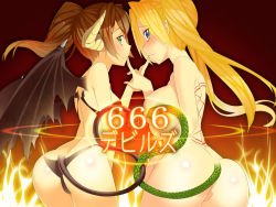 Rule 34 | 2girls, ass, blonde hair, blue eyes, blush, breasts, brown hair, demon girl, fire, frown, green eyes, heart, horns, large breasts, long hair, looking back, multiple girls, nipples, nude, original, panties, pointy ears, ponytail, small breasts, smile, tail, tattoo, thong, twintails, underwear, wings, zpolice